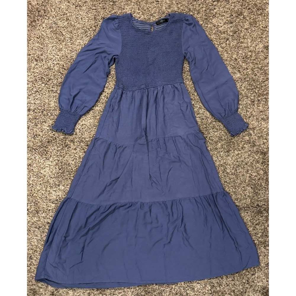 Zesica Dark Blue Smocked Tiered Long Sleeve Midi Dress Lightweight Women's M